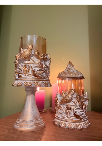 Kuşlu Ayaklı Ve Kapaklı Dekoratif Cam Mumluk & Şekerlik Seti Beyaz Altın Varak Eskitme 2'li Şamdan & Kavanoz 27x12 Cm & 23x12 Cm Çok Renkli 86905866