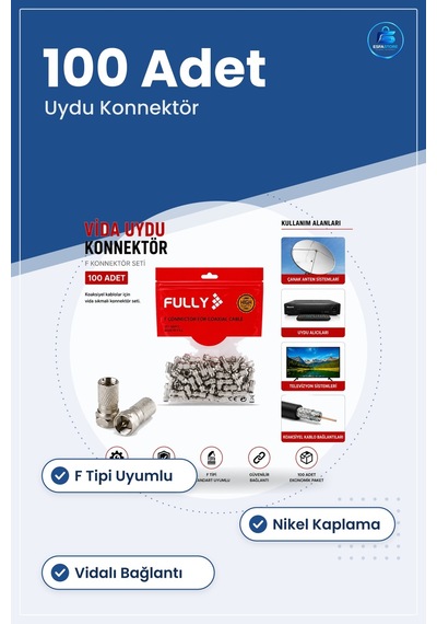 Vida Tipi Uydu Konnektör 100'lü F Koaksiyel Kablo Vidalı Seti Bağ