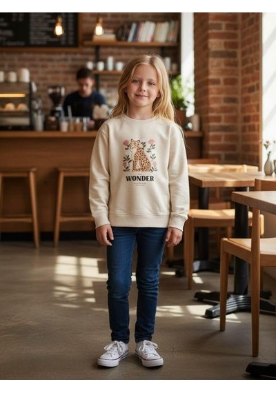 Kız Çocuk Leopar Desenli Sweatshirt-16344 KREM