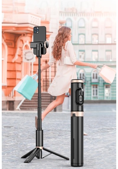 Delux Serisi Aksesuar Kamera Tripod Çok Amaçlı Kumandalı Selfie Çubuğu Q12 Siyah