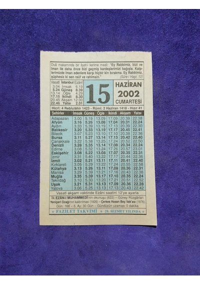 15 Haziran 2002 Takvim Yaprağı - Nostalji Koleksiyonluk Takvim Yaprağı