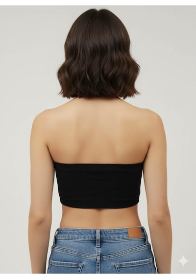 Afri Kadın Siyah Taş Detaylı Straplez Crop Top Esnek Kumaş, Işıltılı Bant Büstiyer Siyah