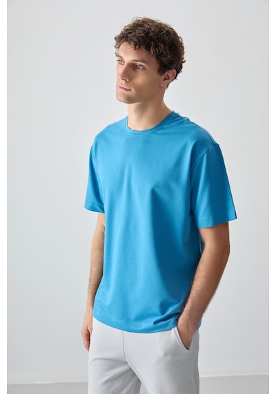 Air Jones Tommy Life Petrol Mavi Pamuklu Kalın Yumuşak Dokulu Oversize Fit Basic Erkek T-shirt - 88377 Petrol Mavi