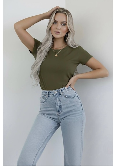 Hashtag Kadın Bisiklet Yaka Kısa Kollu Body 4'lü Paket Viskon Kumaş Kahverengi Haki Siyah Beyaz