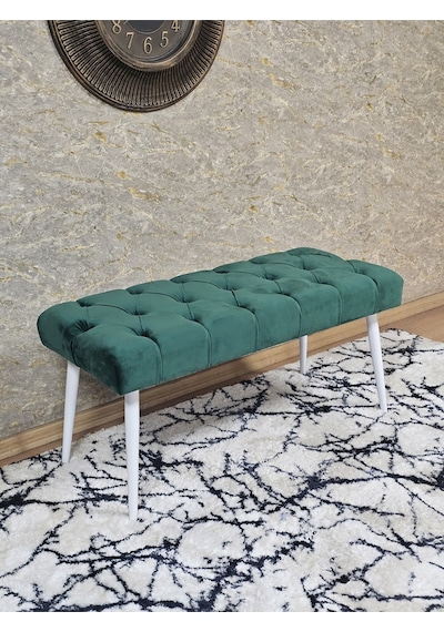 Zafir Beyaz Boyalı Sivriltme Ayaklı 90 Cm Puf Bench - Puf - Bench - Kasalı Oturak - Oturak - Yatak Ucu Puf Yeşil