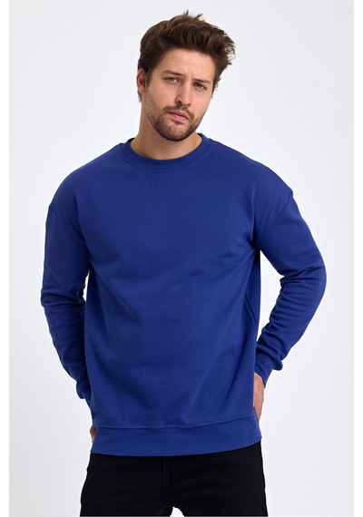 Tarz Cool Erkek Yumuşacık Kumaşlı Regular Fit Yuvarlak Yakalı Sweatshirt Saks Mavi