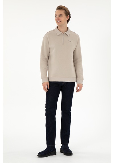 U.S. Polo Assn. Erkek Comfort Fit Yarım Fermuarlı Taş Basic Sweatshirt 50298265-VR049