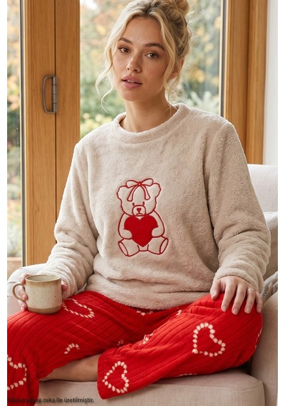 Siyah İnci Krem Nakışlı Üst Wellsoft Alt Polar Kışlık Örme Pijama Takım 26221708