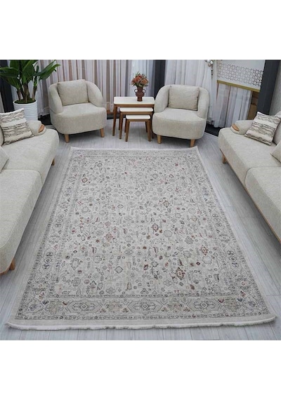 Krem Eskitme Otantik Desenli Saçaklı Polip Tabanlı Modern Halı 200 x 290 CM