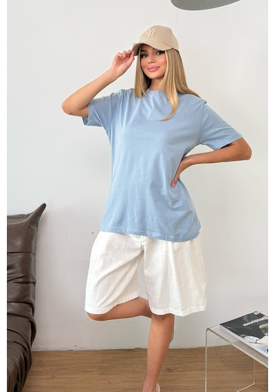 Kadın Bisiklet Yaka Basic T-shirt Mavi - 23507
