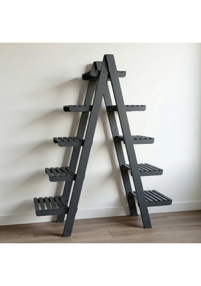 Wooddecor 5 Katlı Ahşap Merdiven Çiçeklik - 120x100 Cm Geniş Raf Standı Gri