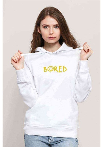 Sherlock Bored Baskılı Beyaz Kadın Kapşonlu Sweatshirt