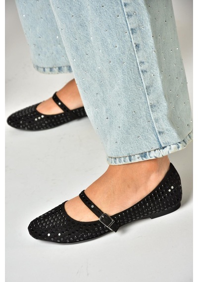 Fox Shoes U726634504 Siyah Kumaş Taş Detaylı Babet Siyah-kumaş Siyah