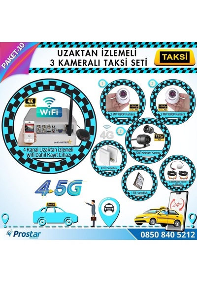 Taksi Kamera Seti 10 Uzaktan İzlemeli 3 Kameralı Wifi 4g 1 Tb Ha