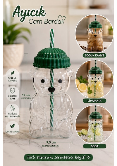 Barista Ayıcık Figürlü Cam Soğuk İçecek Limonata Meşrubat Bardağı Silikon Pipet Ve Kapaklı 550 Ml Şeffaf