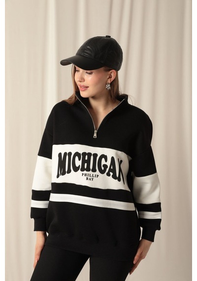 Üç İplik Michigan Baskılı Fermuarlı Kadın Siyah Sweat Renkli Çok Renkli