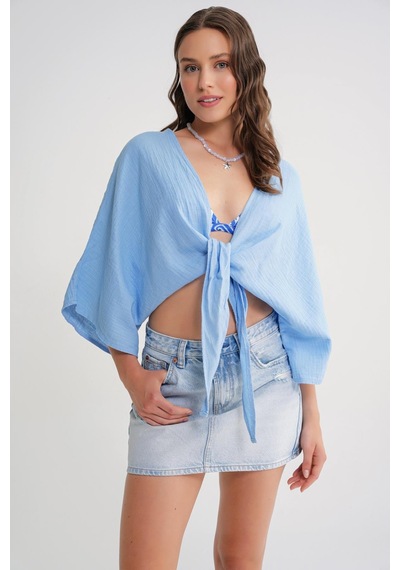 Mixray 4723 Kadın Önü Bağlamalı Bolero Bluz Bebe Mavi