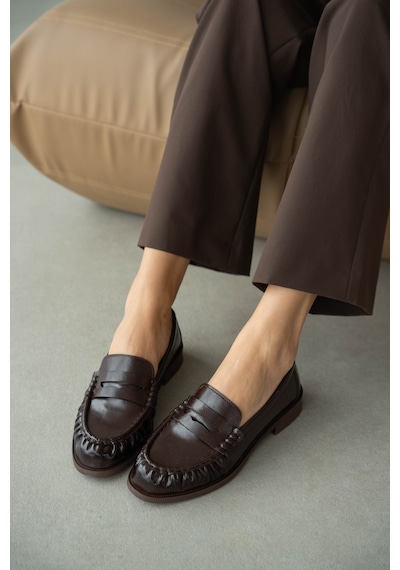 Selin Shoes Lurein Büzgülü Hafif Kalın Topuk Kadın Loafer- Kahve Rugan Kahverengi