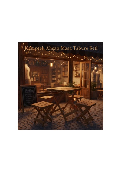 Kamptek Premium Ahşap Katlanabilir Kamp Bahçe Dükkan Masası Ve 4 Lü Tabure Seti Kahverengi