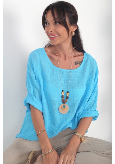 By Saygı Kadın İtalyan Coton Oversize Bluz Mavi By Saygı Kadın İtalyan Coton Oversize Bluz Mavi