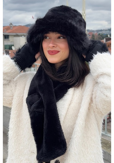 Mollycrush Kadın Peluş Kürk Kışlık Şapka Boyunluk Eldiven Seti 3 Lü Soft Takım Siyah