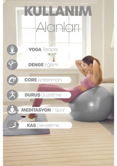 65 Cm Pilates Topu Ve Pompa Seti 155-170 Cm Boy İçin Uygun Dayanıklı Anti-slip Gri