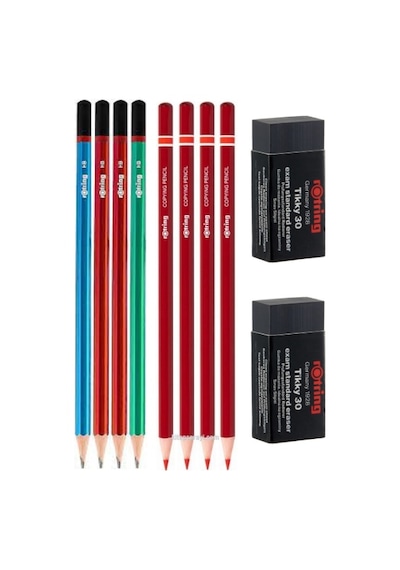 Rotring Kurşun Ve Kırmızı Kalem Seti , Silgili Set 4+4 +2 Silgi Hb Mercanlı Çok Renkli