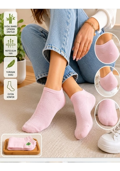 Km Collections 6'lı Set Özel Parfümlü Kadın Bambu Kısa Çorap Açık Pembe - Pudra