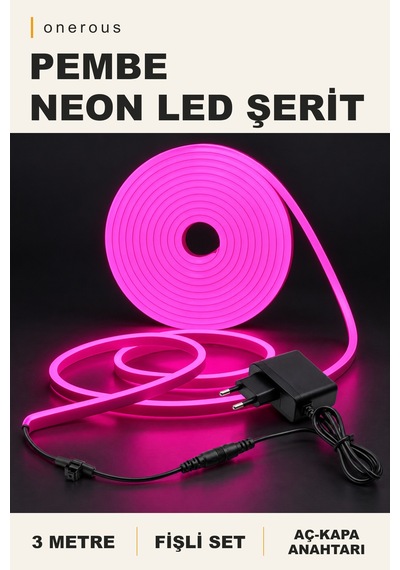 Onerous 3 M Pembe Neon Led Şerit, Anahtarlı, Fişli