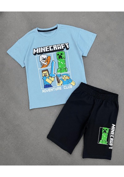Durukoza Erkek Çocuk Minecraft Baskılı Şortlu Takım Yazlık 4-8 Yaş Mavi - Siyah
