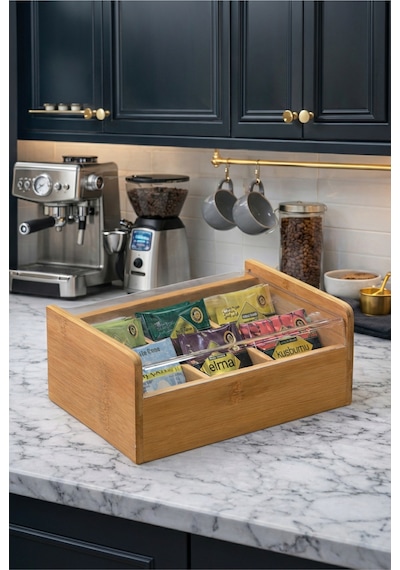 Makri Home Bambu Çay Kutusu Şeffaf Kapaklı Poşet Çay Saklama Organizatörü Bölmeli Tea Box Bambu