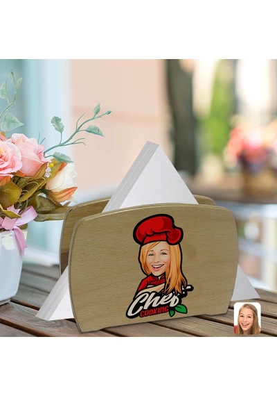 Kişiye Özel Kadın Chef Karikatürlü Lüks Ahşap Peçetelik-10 (511119654)