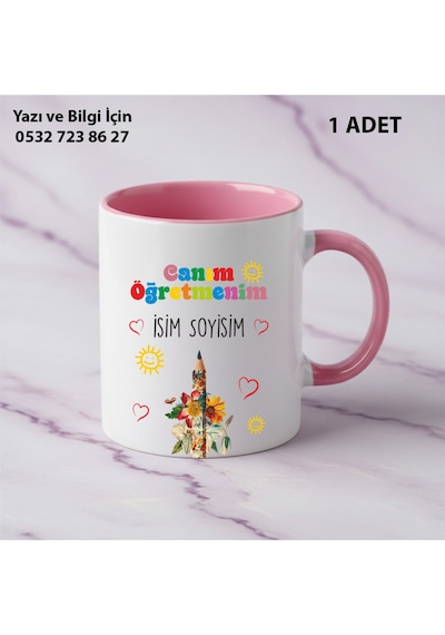 Kişiye Özel İsimli Canım Öğretmenim Tasarımlı Kupa Bardak Öğretmenler Günü İçin Hediyelik Pembe