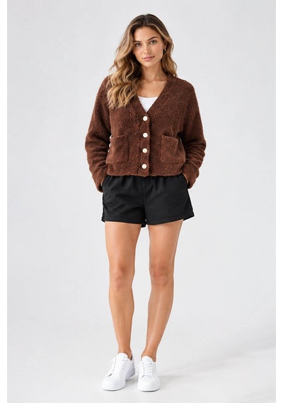 Fashion Friends Düğme Detaylı Kahverengi Kadın Hırka 26k0203k1