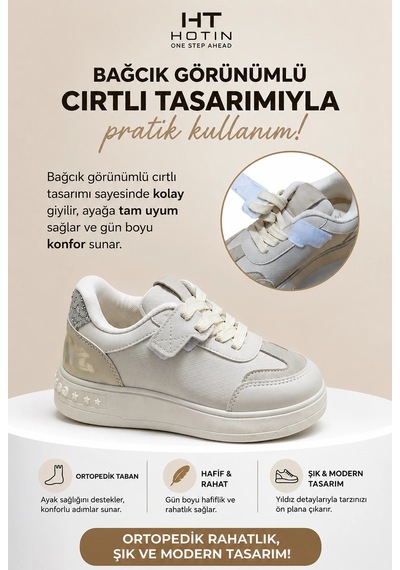 Ht Hotin Zoom Çocuk Yıldız Detaylı Günlük Sneaker Rahat Tabanlı Bağcıklı Spor Ayakkabı - Bej