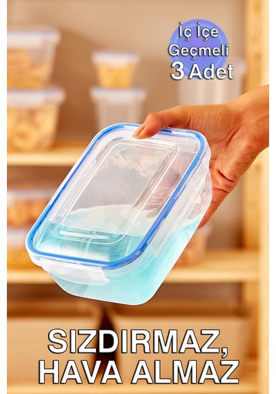 Lock&fresh Contalı Dikdörtgen Saklama Kabı 565, 975, 1675ml Üçlü Set Mavi