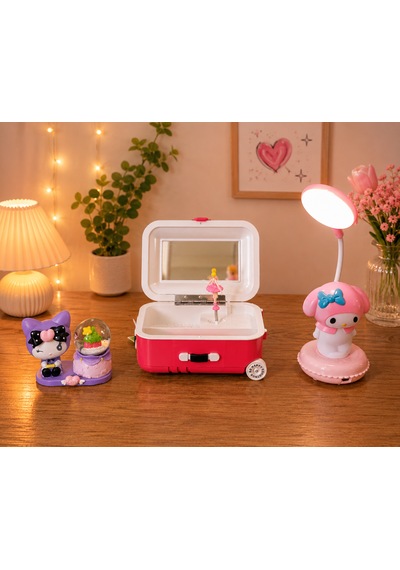 Valiz Tasarımlı Balerinli Takı Kutusu Ve Kuromi My Melody Masa Lamba Seti 001
