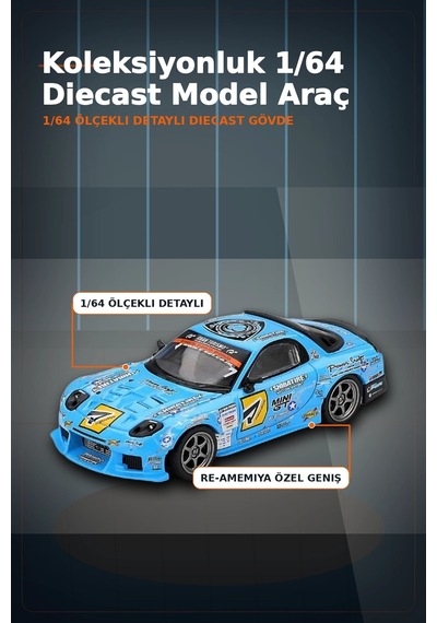 Detaylı 1/64 Ölçek Mazda Rx-7 Re-amemiya D1gp Model Araba - Koleksiyonluk Diecast Oyuncak Bx-313378