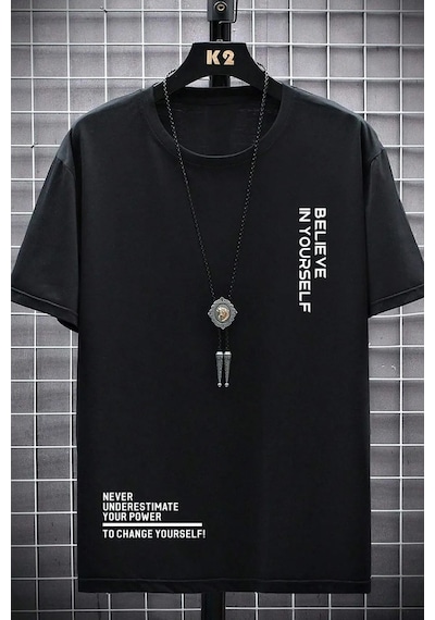 Erkek Belive İn Yourself Baskılı Oversize Tshirt Siyah