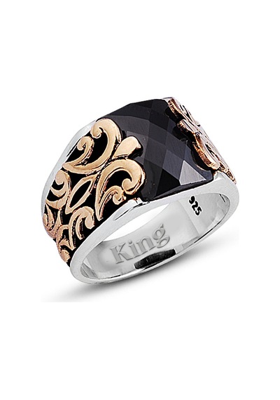 Kuyumcudukkanı Baget Taşlı Yanı Bronz Parçalı Elyapımı Gümüş Erkek Yüzük-60009-w-blk 21 Beyaz