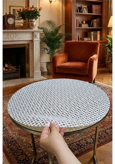 Sadece Örtüdür Pvc Silinebilir Yuvarlak Masa Ve Sehpa Örtüsü - Beyaz Modern Dantel Desenli