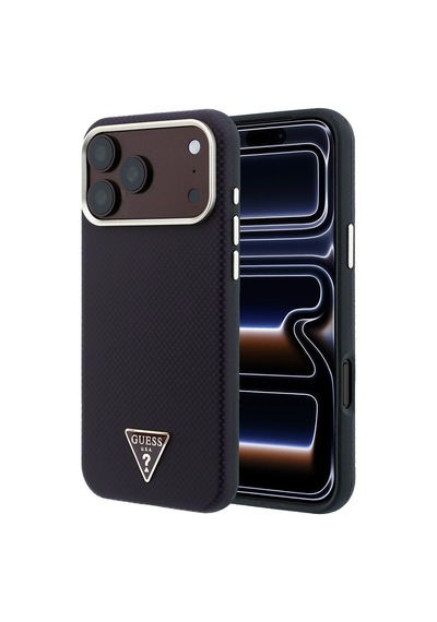 Apple iPhone Uyumlu 18 Pro Kılıf Guess Lisanslı M-safeli Pu Metal Üçgen Logolu Karbon Fiber Kevlar Kapak Bordo