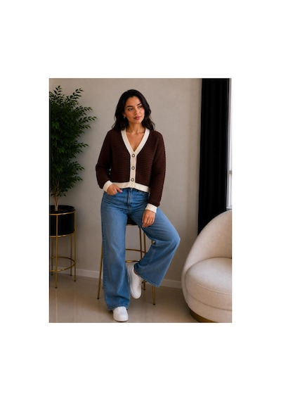 Hira Life Fashion Kadın V Yaka Düğmeli Şeritli Kısa Crop Ceket-hırka Kahverengi Kahverengi Hira Life Fashion Kadın V Yaka Düğmeli Şeritli Kısa Crop Ceket-hırka Kahverengi Kahverengi