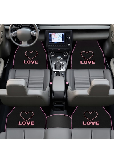 Kalp Ve Aşk Desenli Pembe Nakışlı 5'li Oto Halı Paspas Seti Love Yazı Detaylı Araba Paspas Takımı