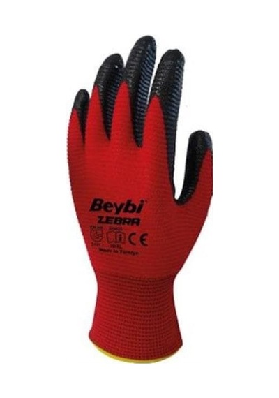 Beybi Zebra Nitril Kaplama Örme Eldiven Kırmızı Işçi Eldiveni (15