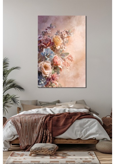 Çiçek Buketi Baskılı Cam Tablo Pastel Tonlu Floral Duvar Dekoru