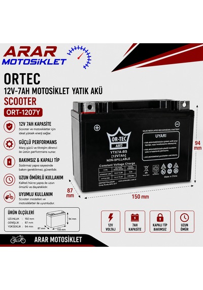 Ytx7a-bs / 12v-7ah Motosiklet Yatık Akü Scooter Ortec