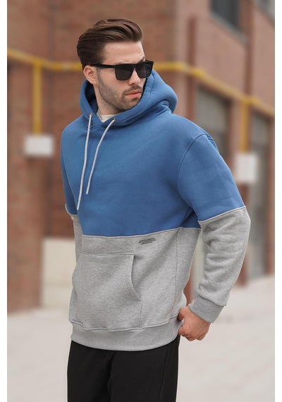 Madmext İndigo Kapüşonlu Renk Bloklu Baskı Detaylı Erkek Sweatshirt 7046 Mavi