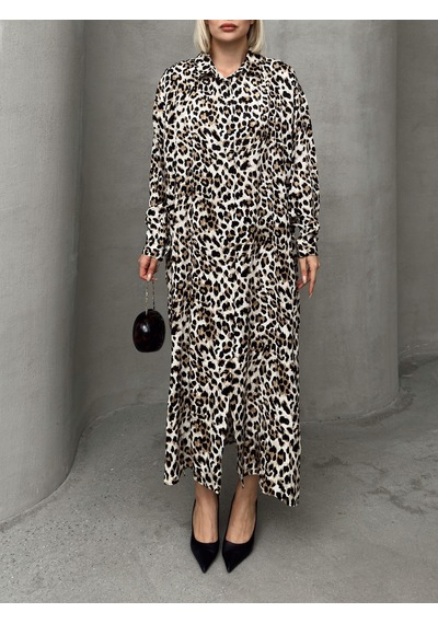 Olcay Leopar Desenli Yandan Yırtmaçlı Oversize Elbise Kahve 9262-e