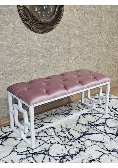 Zafir Beyaz Boyalı İçi Kareli Diktörtgen 100 Cm X 40 Cm Oturak Puf - Bench - Makyaj Oturağı - Oturak Pembe